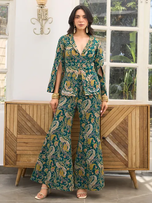 Rama green printed georgette palazzo suit