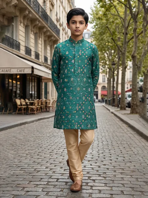 Rama green printed kurta suit with zari work