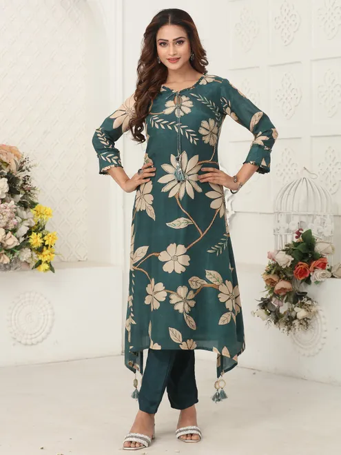 Rama green printed silk kurti set