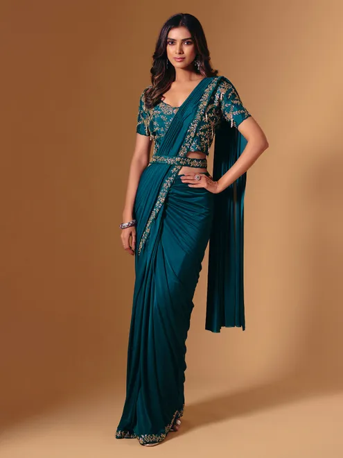 Rama green satin lycra saree with sparkling cutdana work
