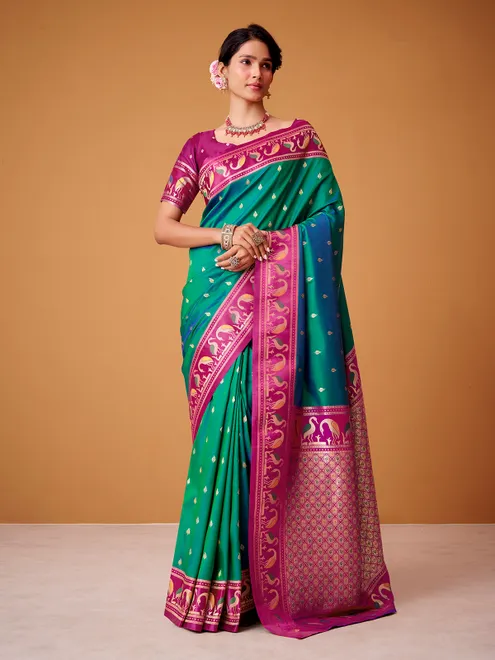 Rama green satin silk saree with highlighted border