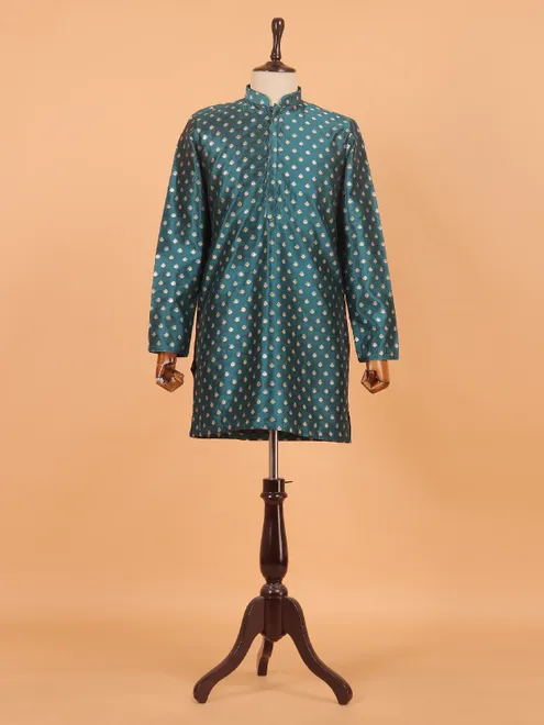 Rama green silk festive zari kurta set for men