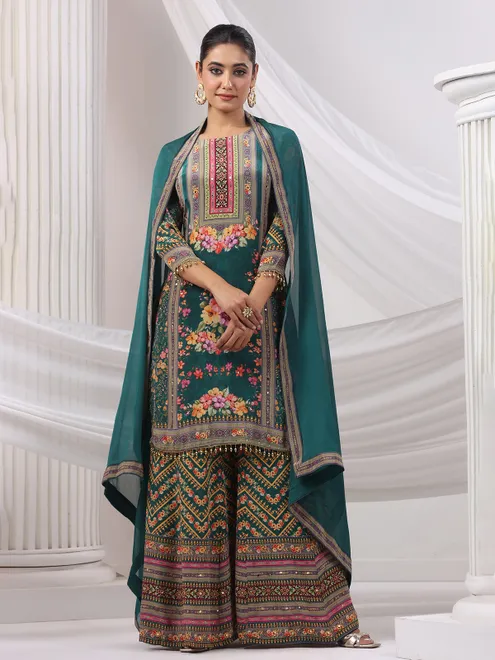 Rama green silk floral palazzo kurti set