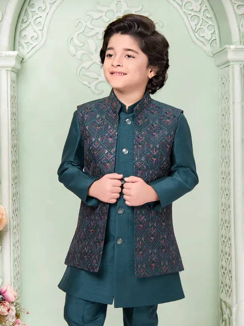 Rama green silk indo western set with sequins work