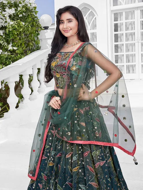 Rama green silk lehenga choli with thread work