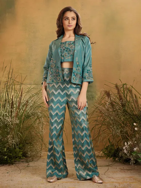 Rama green silk palazzo set with jacket