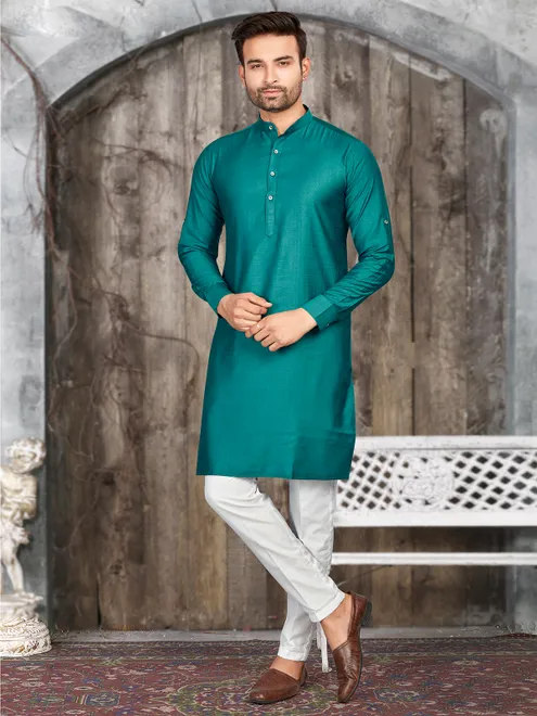 Rama green silk plain  Men Kurta pajama