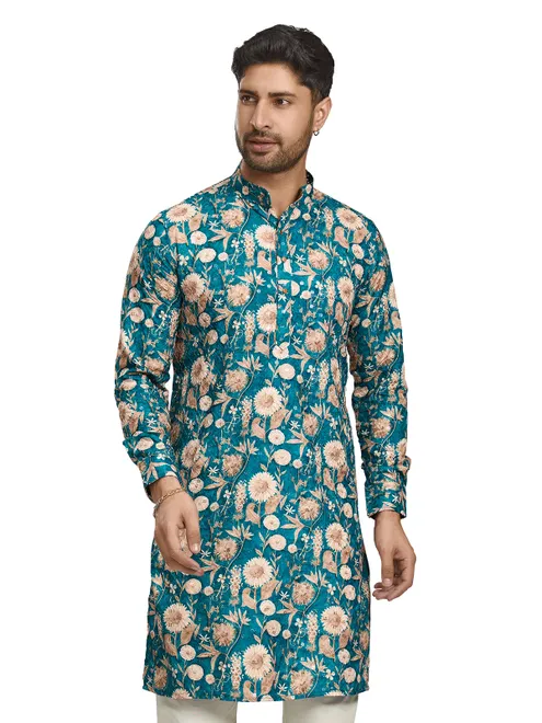Rama green silk printed kurta with embroidery and sequins