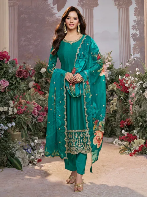 Rama green silk salwar suit for festival