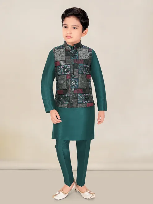 Rama green silk waistcoat set for boys