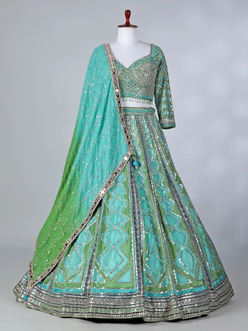 Rama green sweetheart silk lehenga choli with dupatta