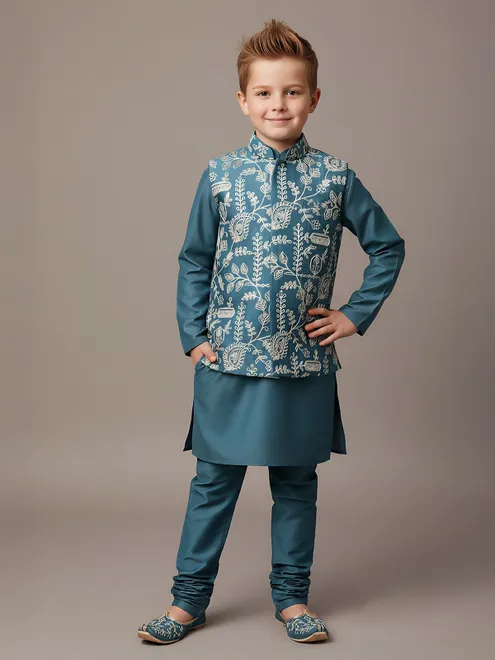 Rama green thread work silk blend waistcoat set