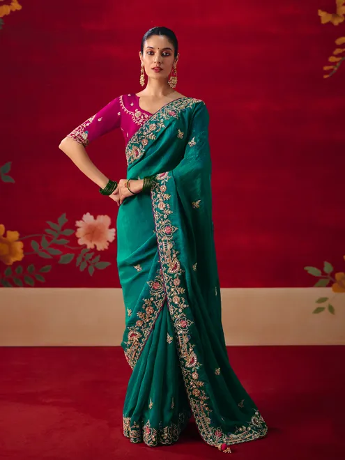 Rama green tissue organza wedding wear saree