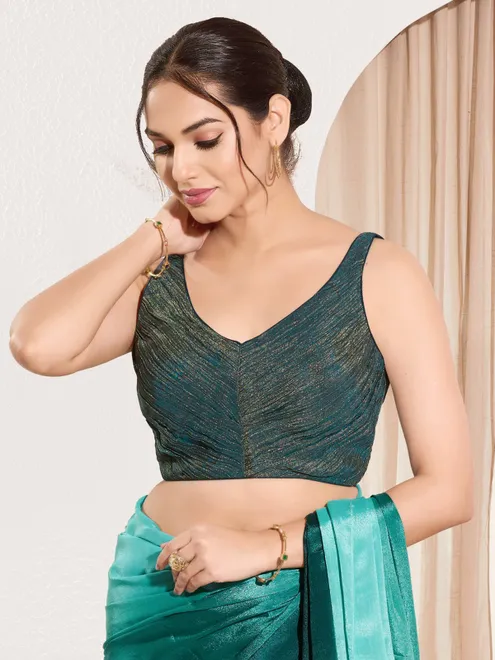 Rama green tissue silk sweetheart neck blouse