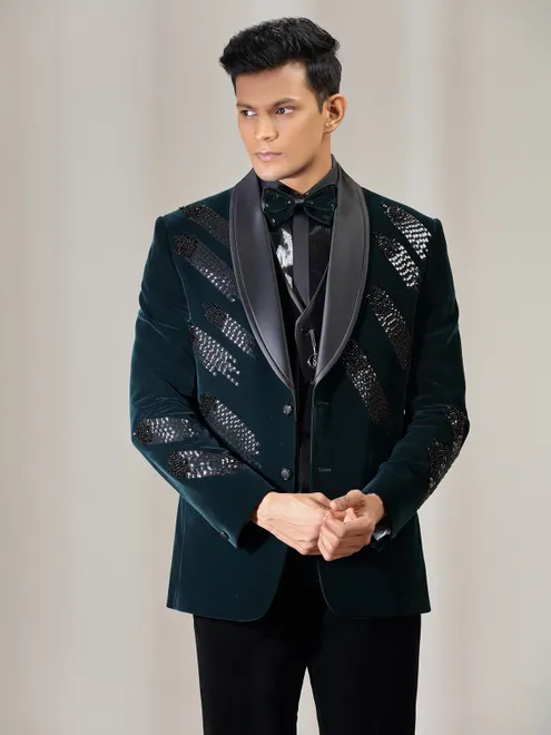 Rama green velvet coat suit with reception wear
