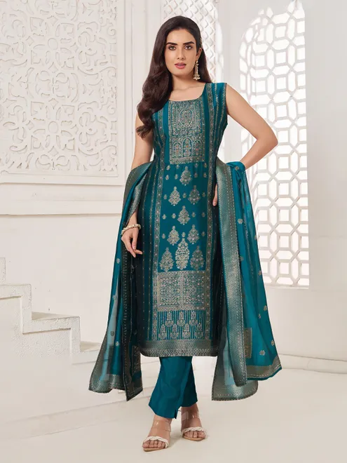 Rama green zari worked silk salwar suit