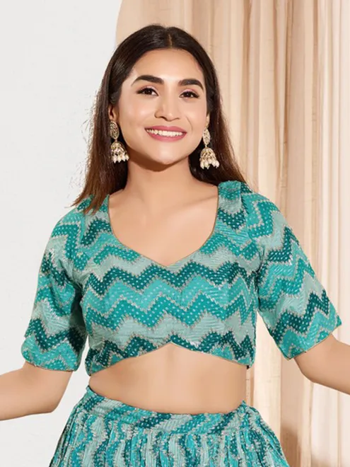 Rama green zig zag chiffon thread work blouse