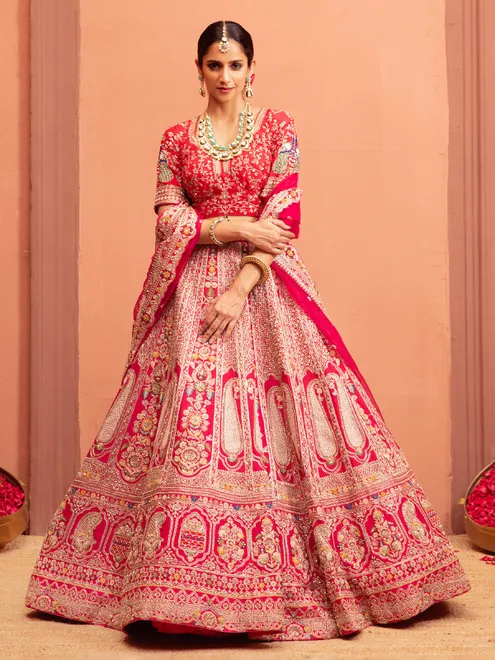 Rani bridal lehenga choli in raw silk fabric