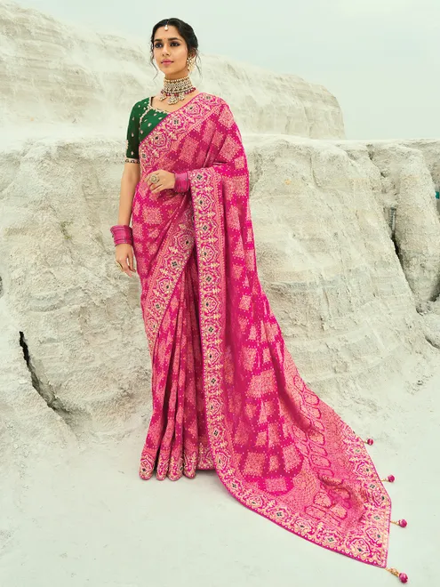 Rani color bandhej georgette wedding saree