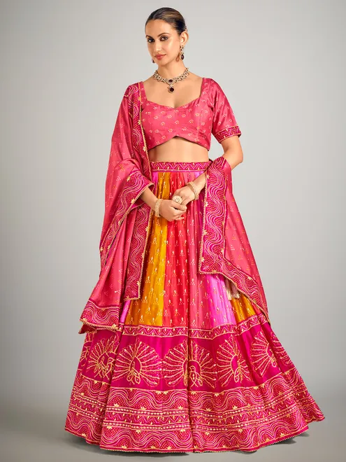 Rani color bandhej print silk lehenga choli