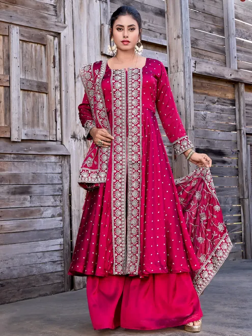 Rani color satin palazzo suit with dupatta