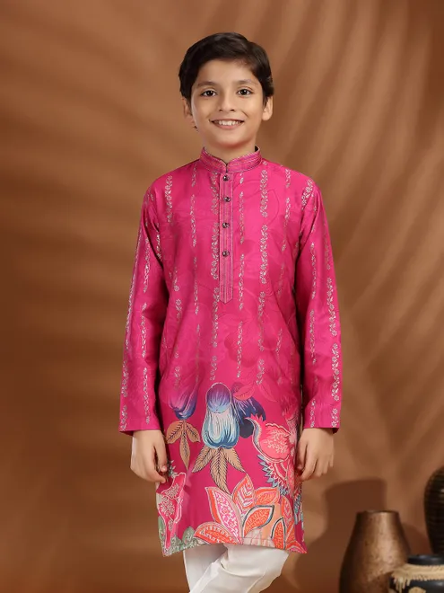 Rani color silk printed kurta pajama
