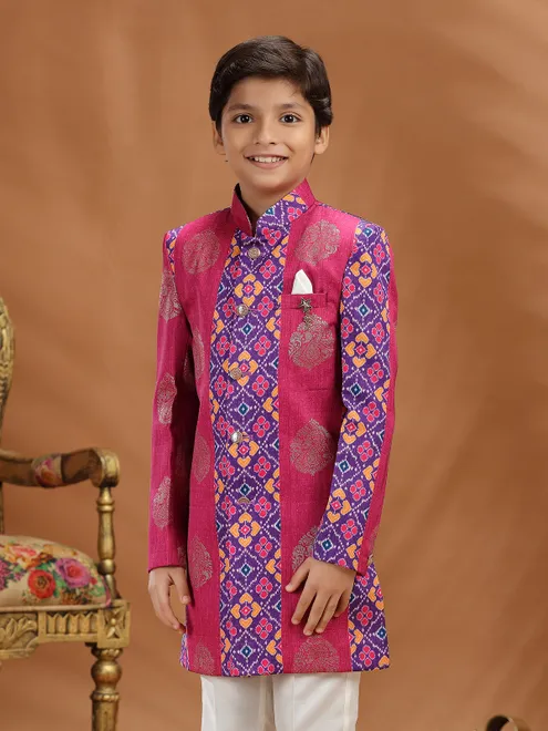 Rani color zari silk boys indo western ensemble