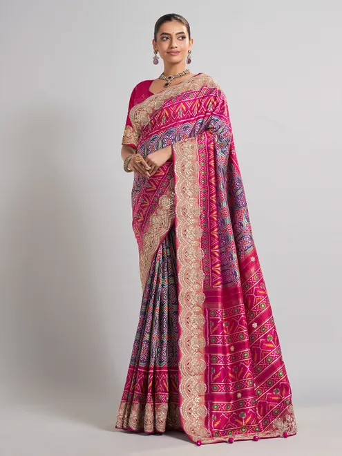 Rani pink and purple patola silk saree for wedding occasions