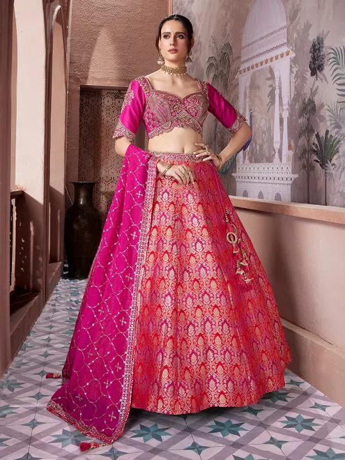 Rani pink banarasi silk heavy embellished lehenga choli