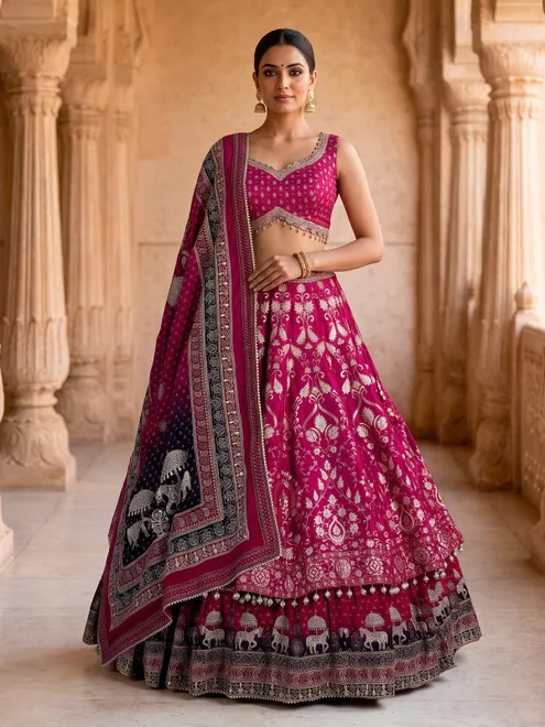 Rani pink banarasi silk printed bridal lehenga choli