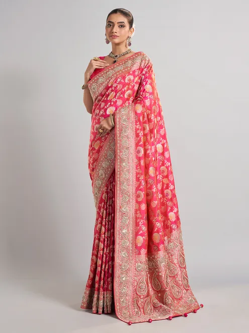 Rani pink banarasi silk saree with intricate zari accents