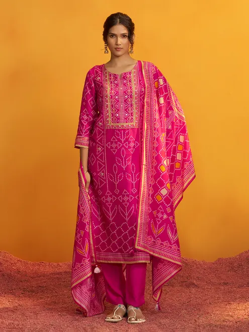 Rani pink bandhej silk yoke style kurti set