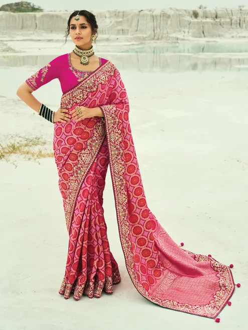 Rani pink bandhej wedding georgette saree