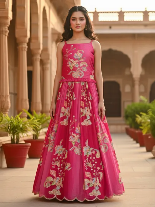 Rani pink chiffon lehenga choli with sleeveless choli