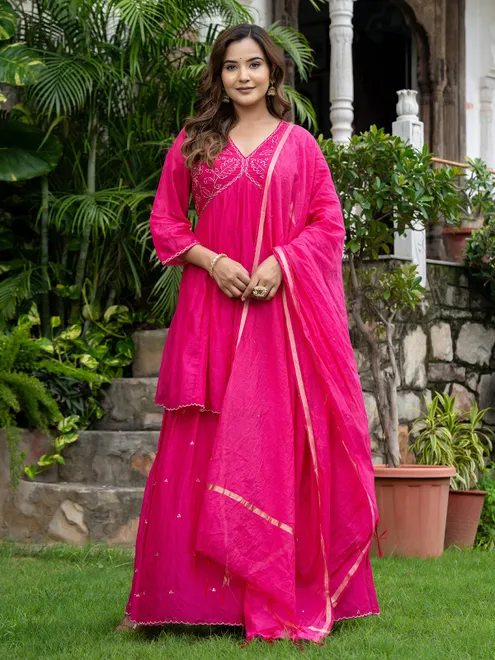 Rani pink cotton silk festive sharara kurti set