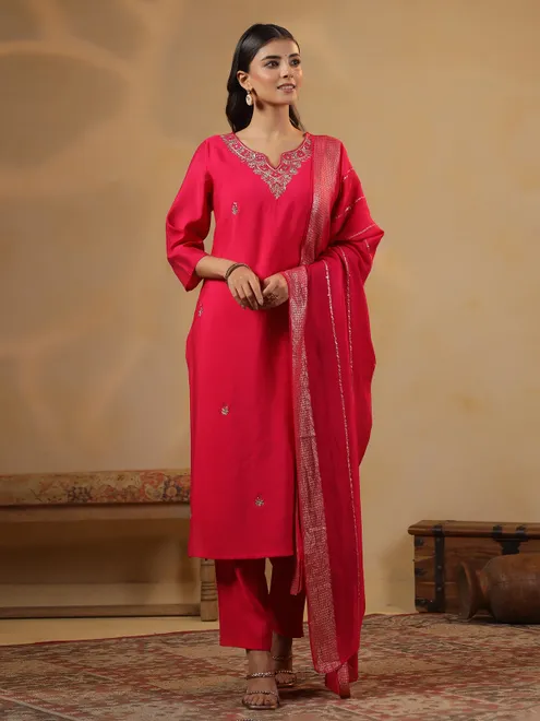 Rani pink cotton silk kurti set for festival wear