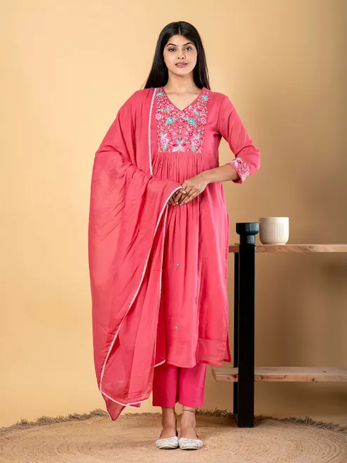 Rani pink cotton yoke kurti set with dupatta