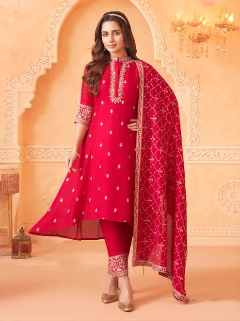 Rani pink designer silk stand collar neck salwar suit