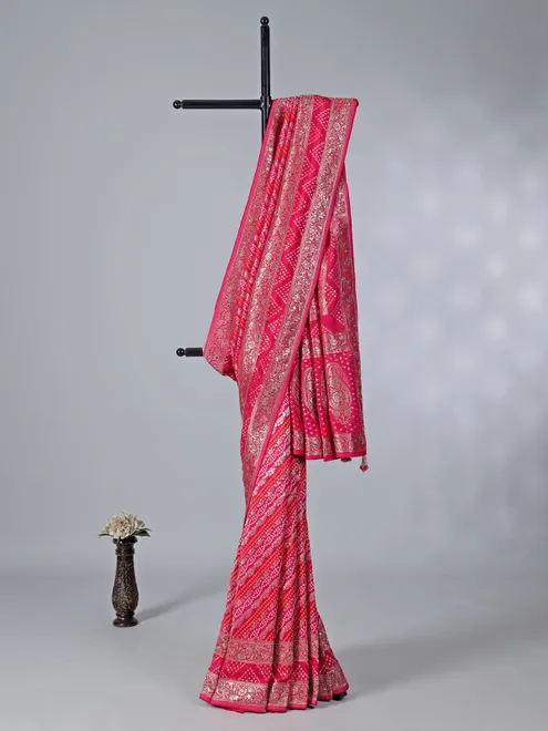 Rani pink dola silk saree with bandhej print accents
