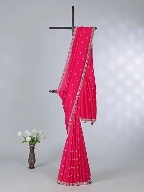 Rani pink dola silk saree with cutdana work