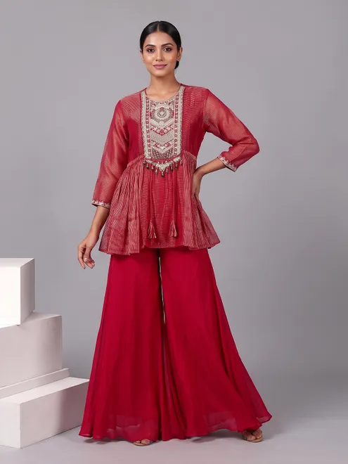 Rani pink embroidered silk sharara suit