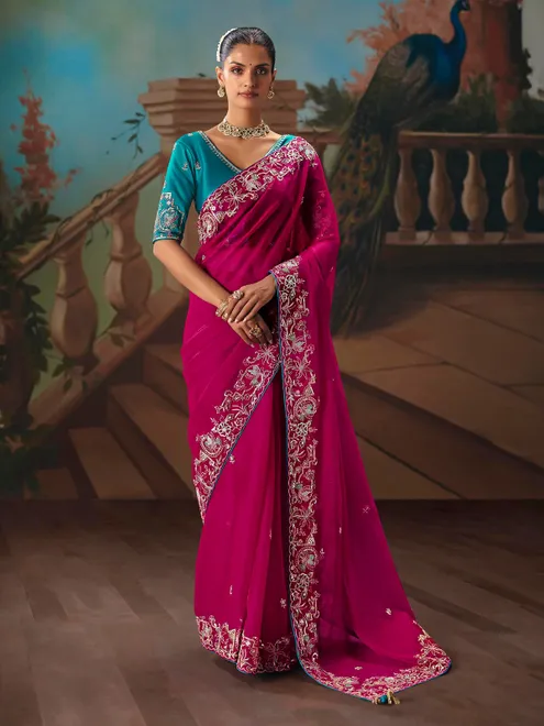 Rani pink fancy tissue silk butti saree