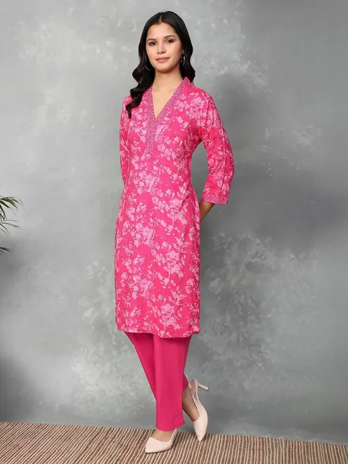 Rani pink floral printed silk casual kurti