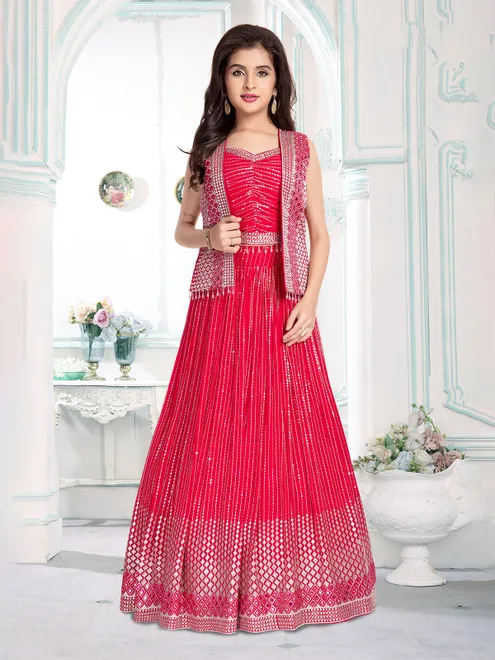 Rani pink georgette jacket lehenga choli for wedding wear