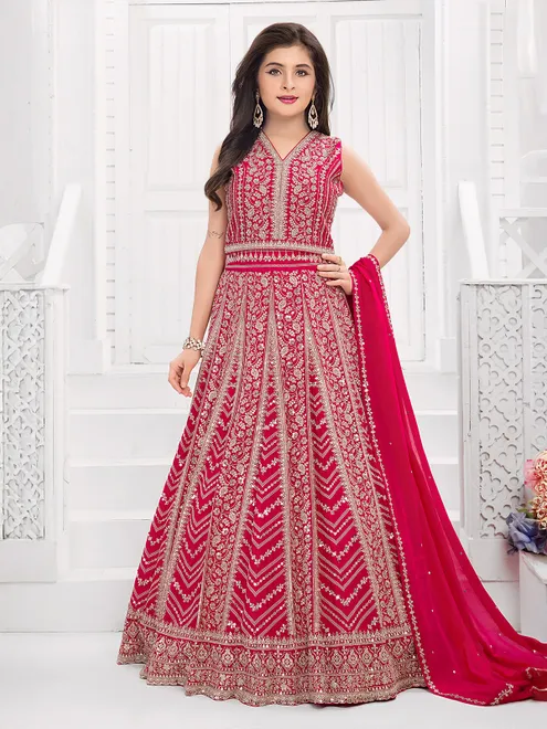 Rani pink georgette lehenga choli with thread work