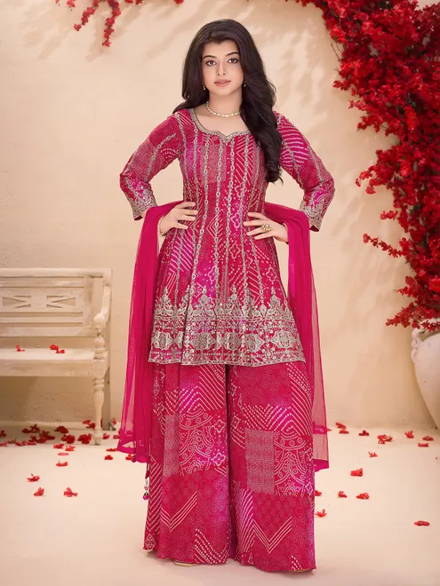 Rani pink georgette palazzo suit with aabla work