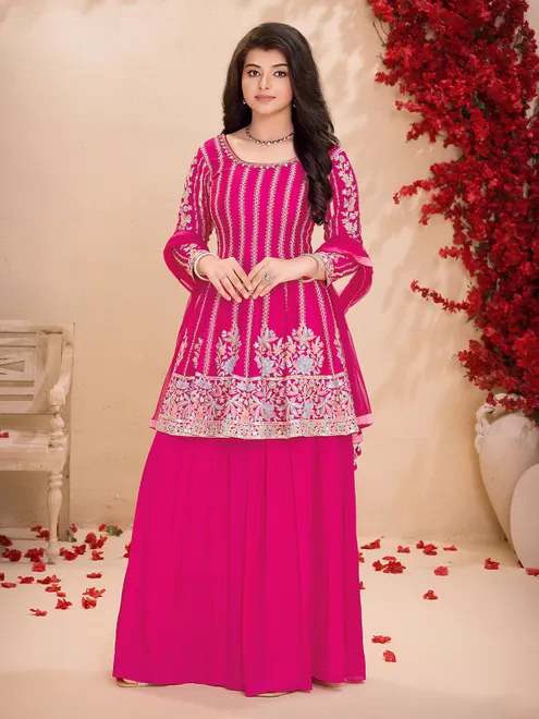 Rani pink georgette palazzo suit with dupatta