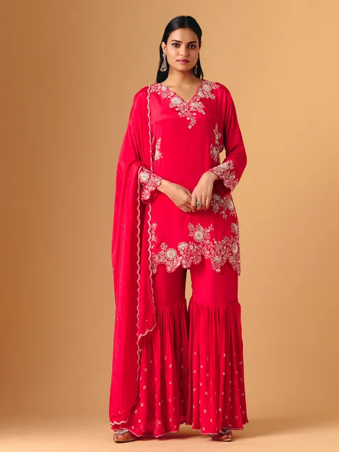 Rani pink georgette V neck layered sharara suit