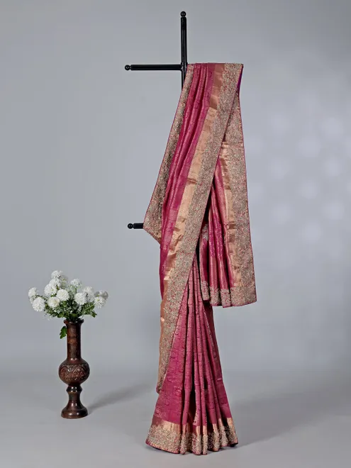 Rani pink heavy tissue silk saree for wedding
