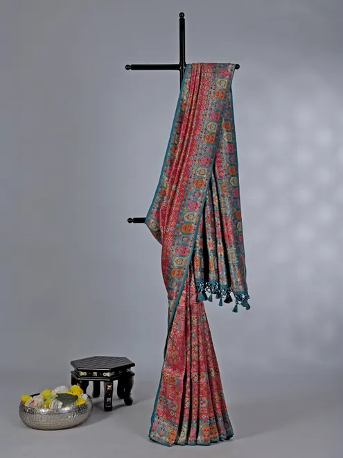 Rani pink pashmina silk saree with contrast border